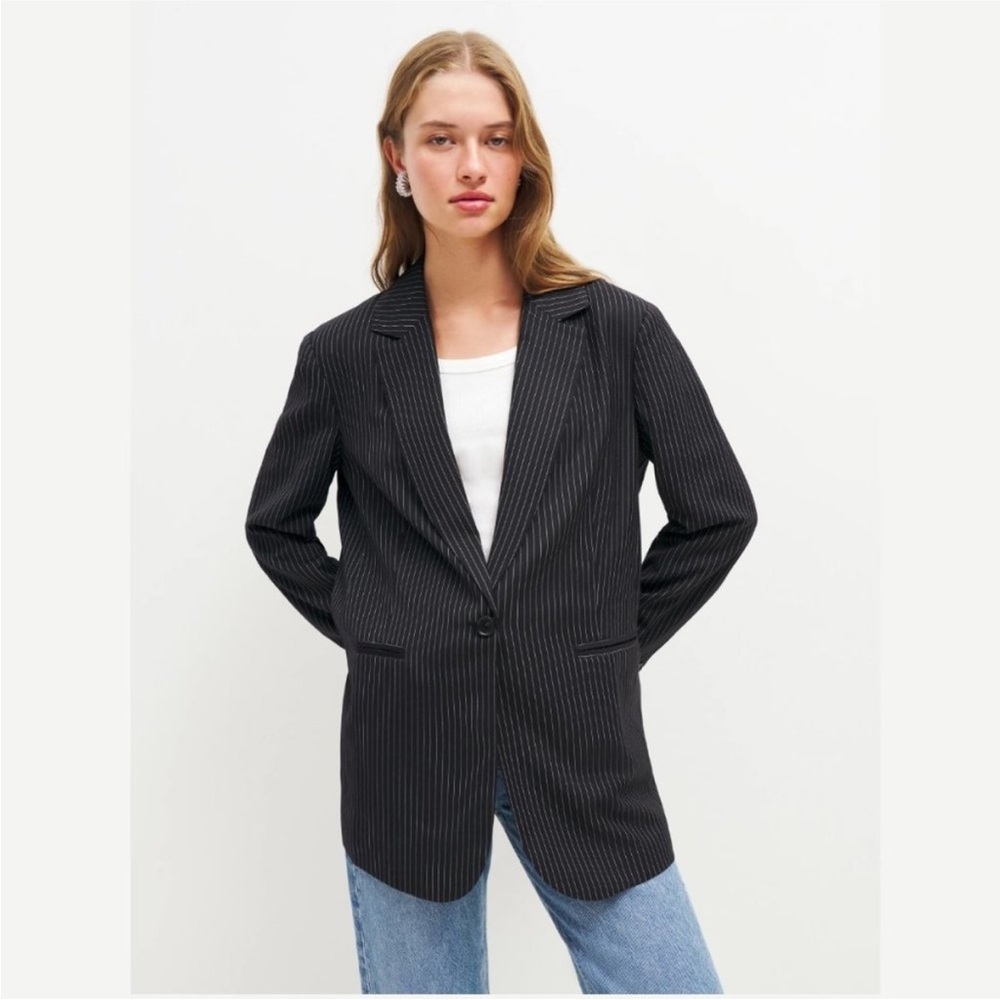 REFORMATION Classic Relaxed Notch Lapel Blazer In Black And White Stripe